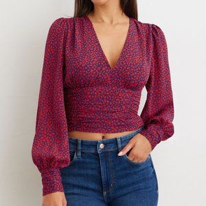 Floral V-Neck Wrap Blouse Red